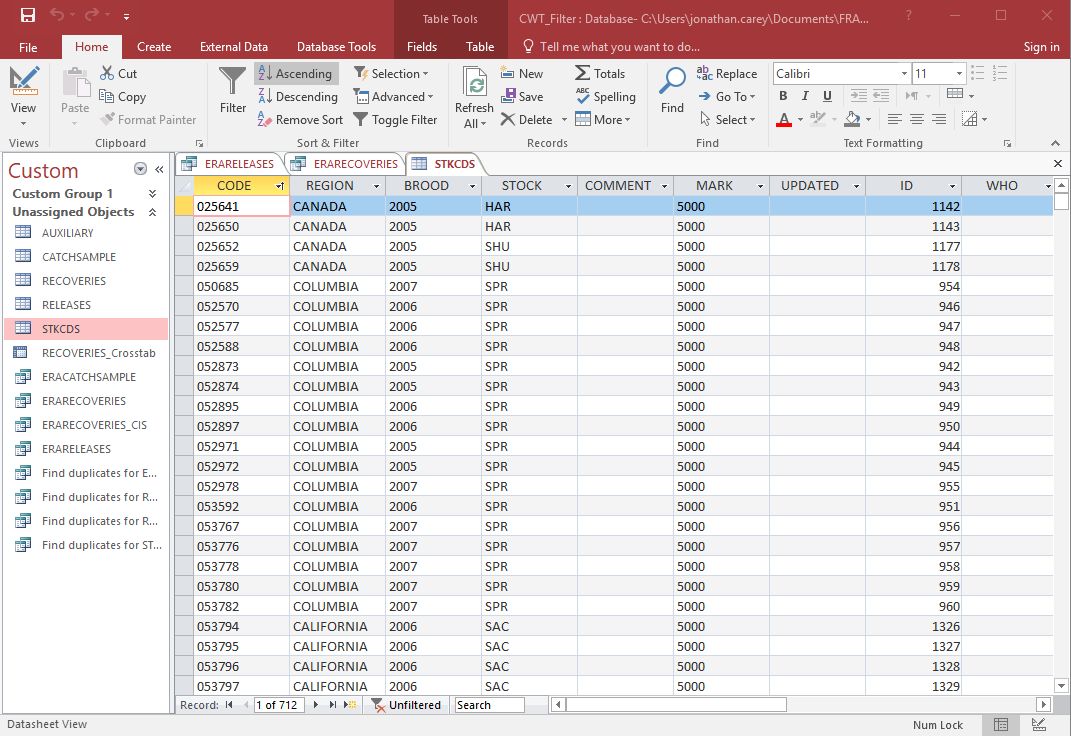 The Filter Database’s ‘STKCDS’ table, which requires tag code, jurisdiction, brood year, stock acronym, and marking status