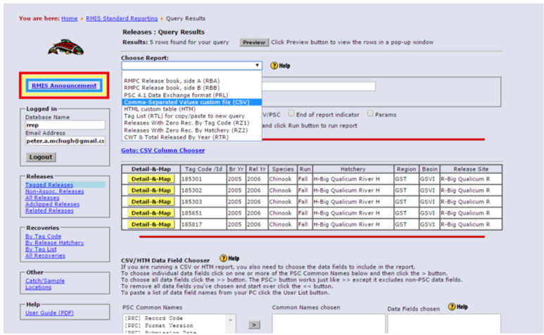 Form for specifying query result specs, specifically report type (CSV)