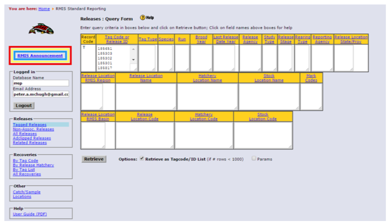 RMIS’s ‘Tagged Releases’ query form