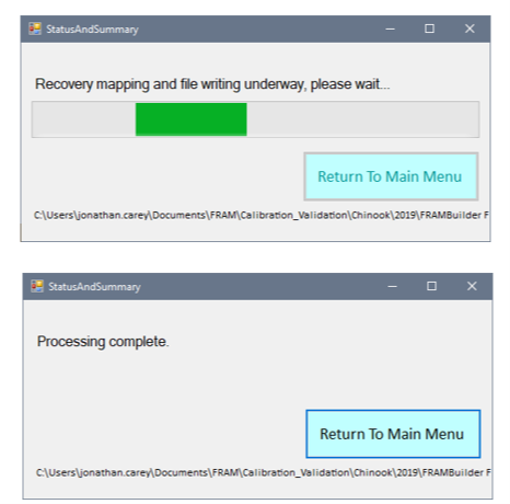 The ‘Be Patient I’m Working’ processing screen (top panel) and what you’ll see when things are complete (bottom panel)