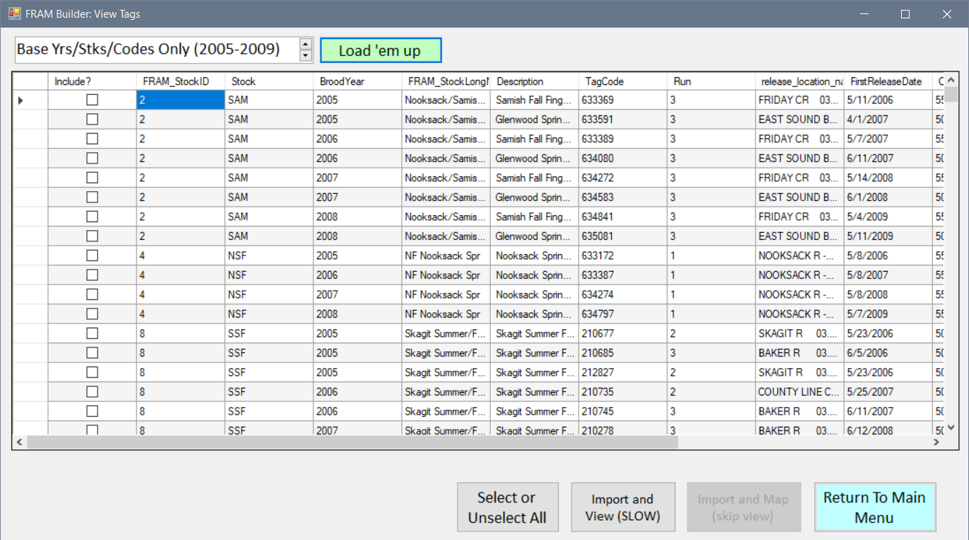 FRAMBuilder tag selection screen.