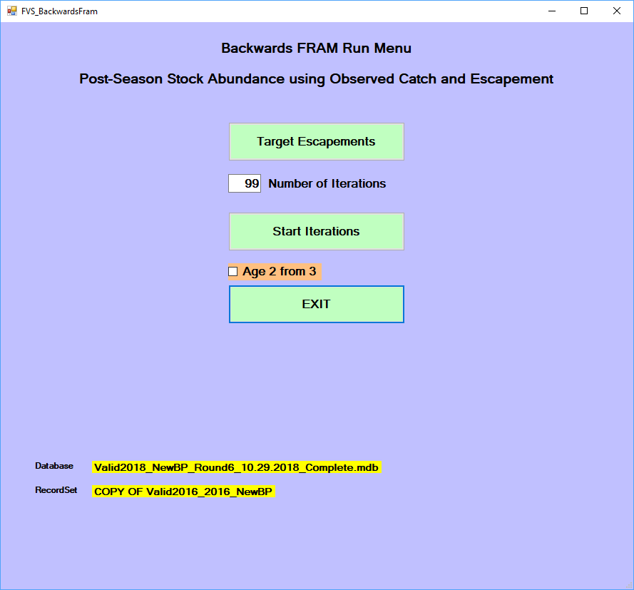 The post-season or backwards FRAM submenu for Chinook