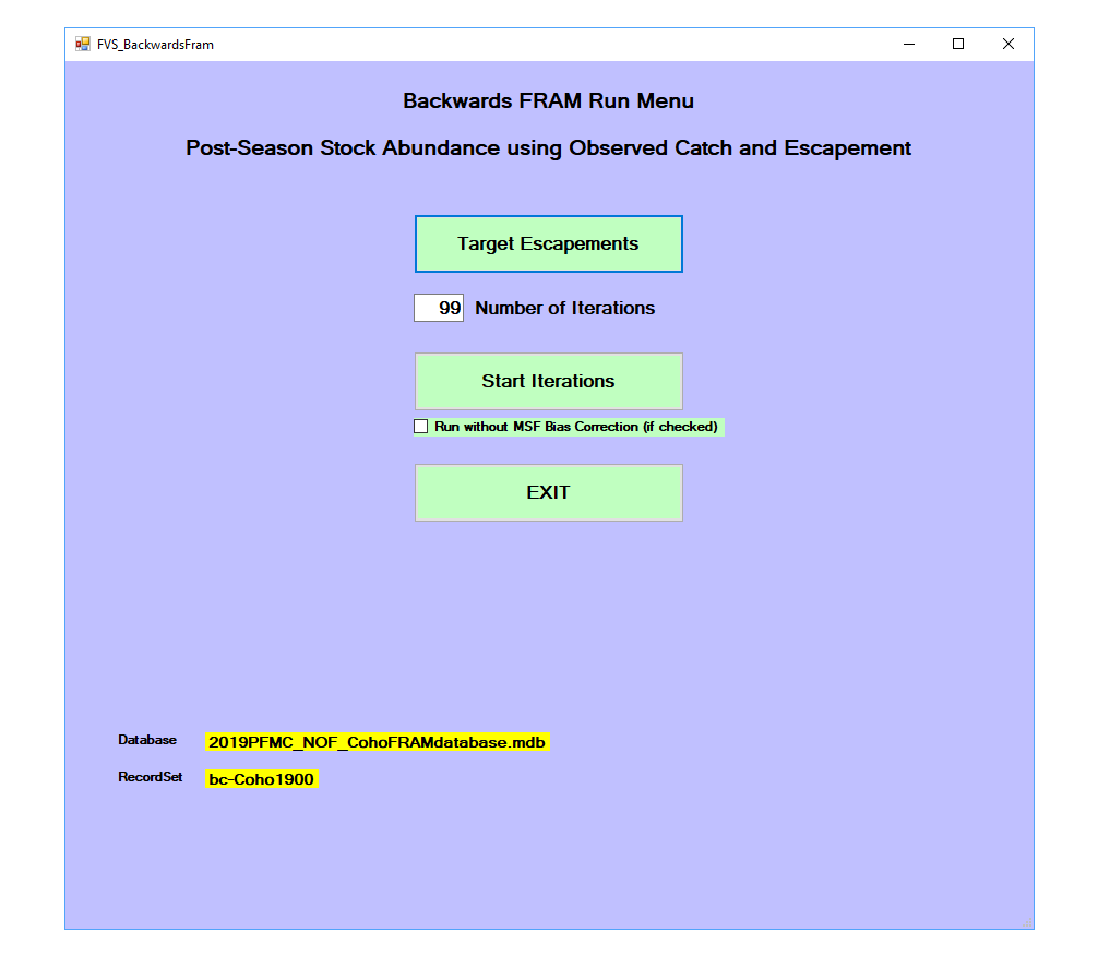 The post-season or backwards FRAM submenu for Coho