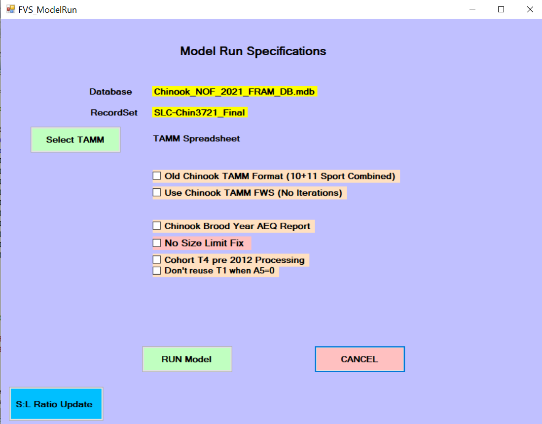 Model run options for Chinook